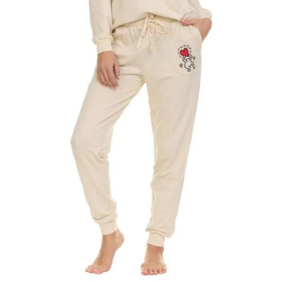 NWOT Keith Haring Women's M Beige Jogger Pants Graphic Design - Picture 1 of 7